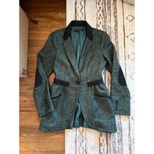 Nanette Lepore green tweed blazer with black elbow patches and trim